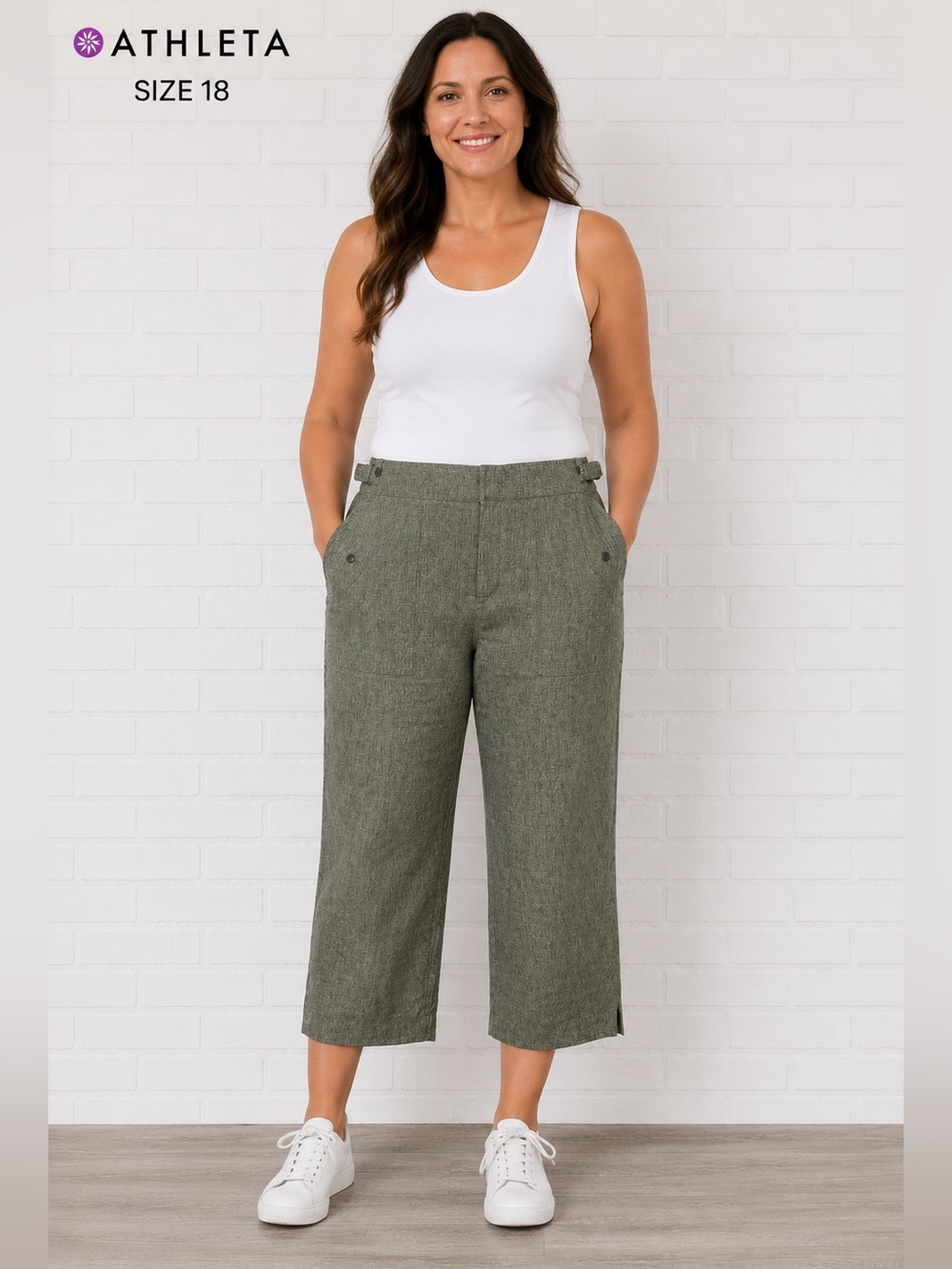 ATHLETA Women’s Linen Blend Crop casual comfort Pants Olive Green Size 18